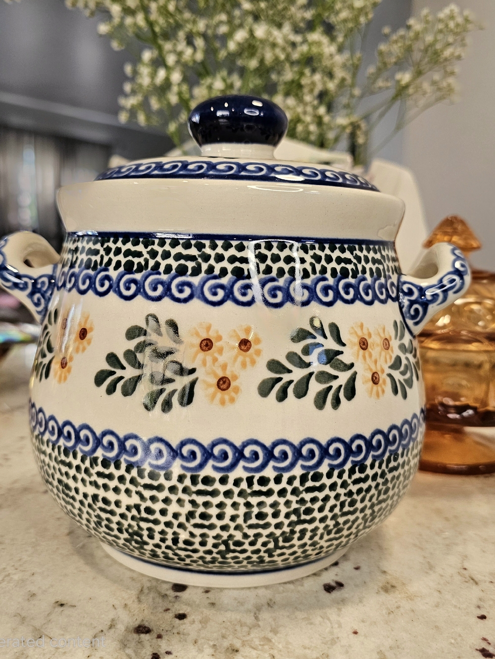 Polish Pottery 2 Qt Covered Casserole Tureen #191 Blue Green Floral Canister